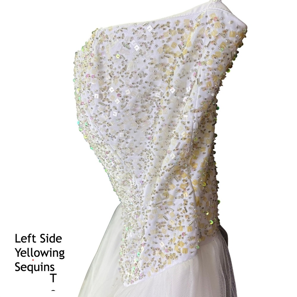 White Beaded Tulle Ball Gown Wedding Dress Basque Waist Strapless Size 12 Flaws - Picture 9 of 16